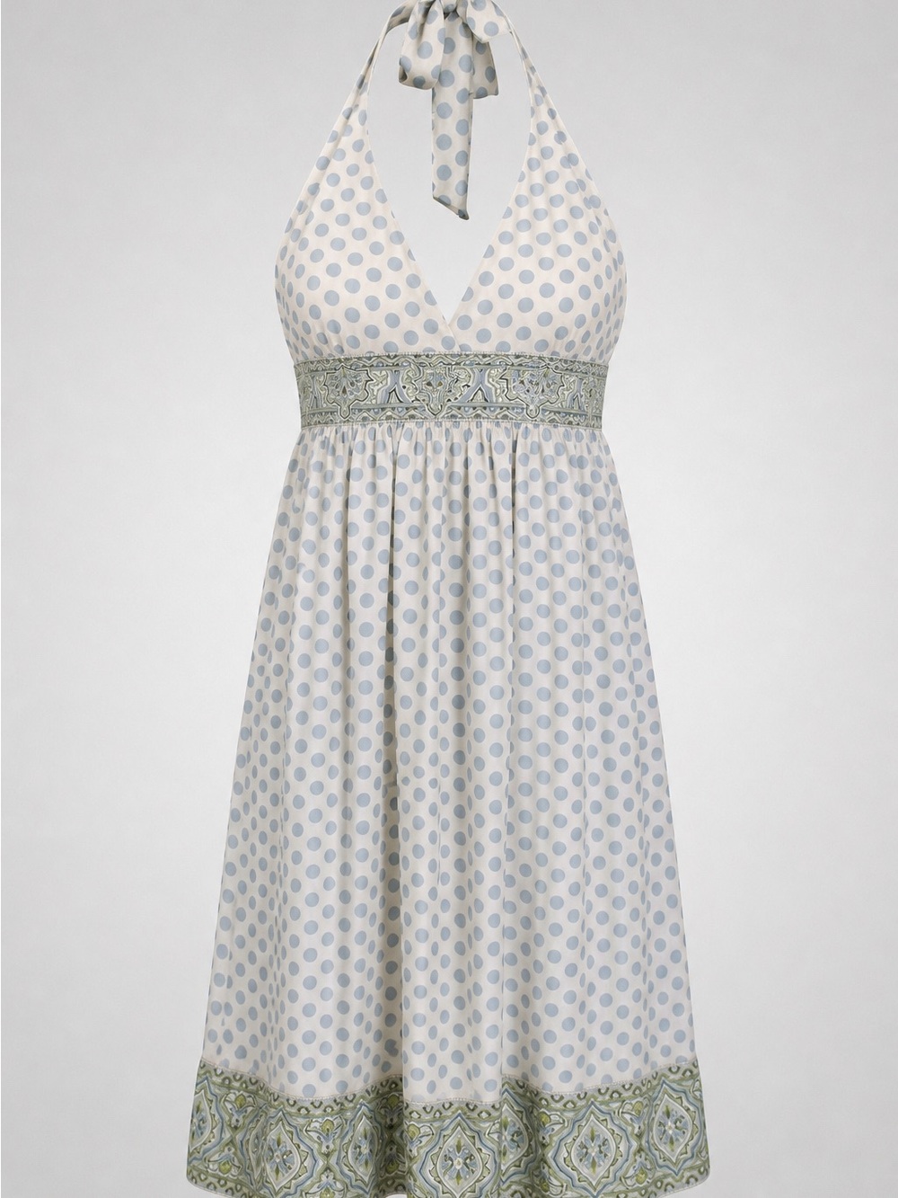 BCBGMaxAzria Light Blue Polka Dot Halter Dress with Green Embroidered Waist